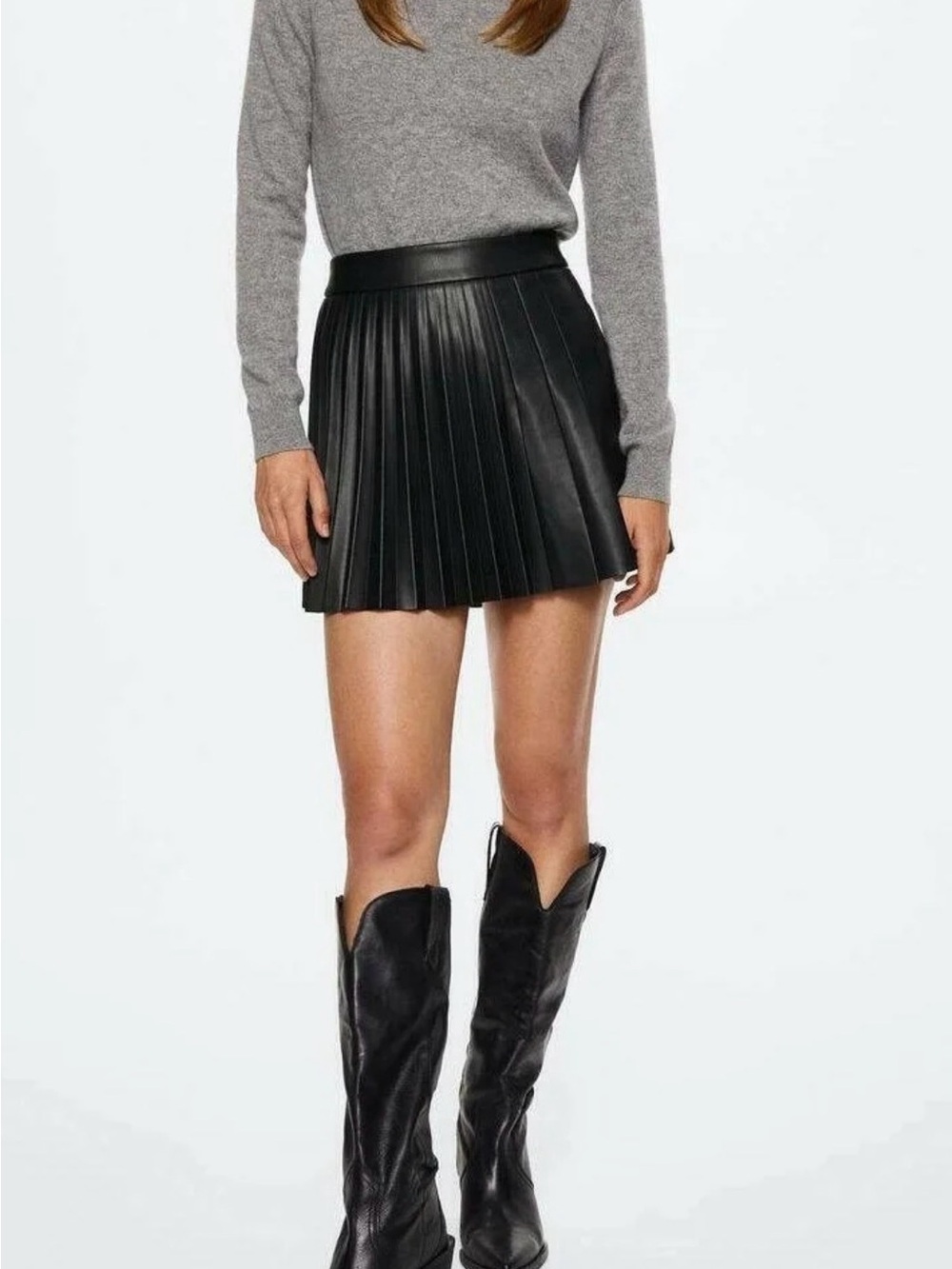 Mango Black Pleated Faux Leather Mini Skirt